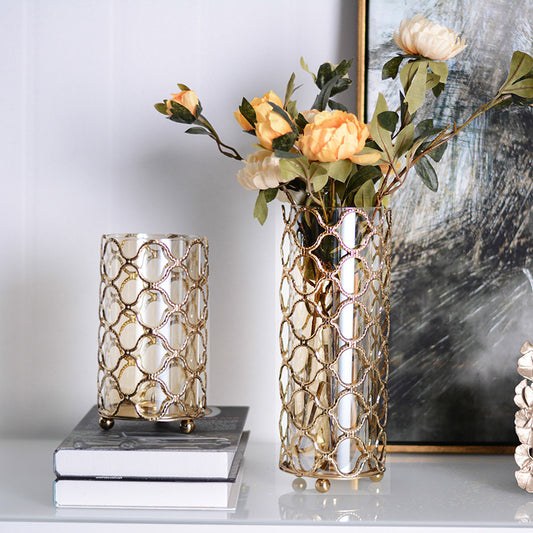 Hollow Out Golden Metal Glass Flower Vase